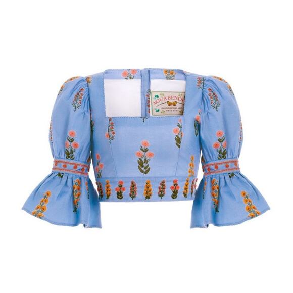 Agua by Agua Bendita Violeta Dahlia Blue Linen Embroidered Floral Cropped Top - Picture 1 of 12
